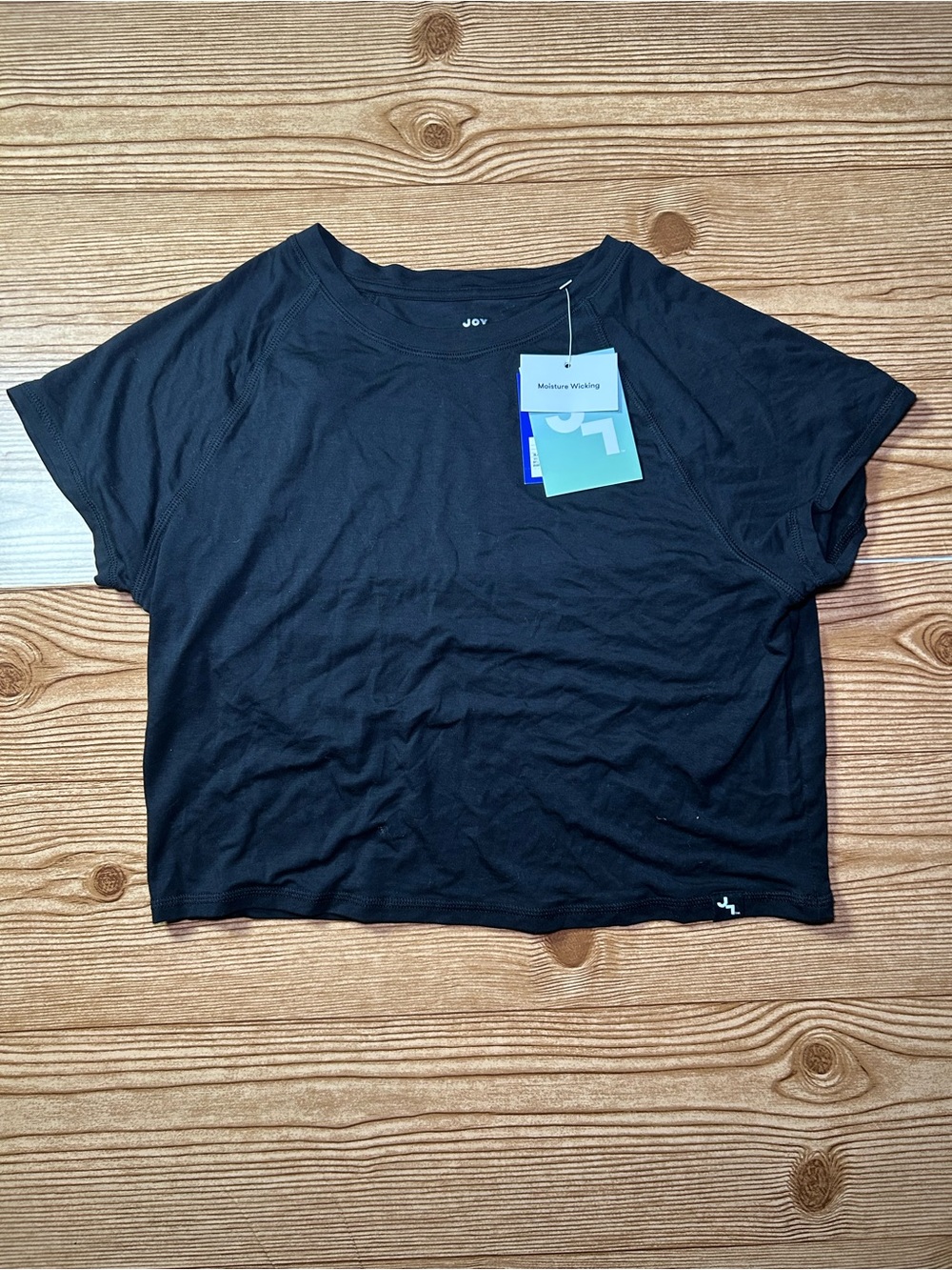 WOMEN ATHLETIC CROP TEE SHIRT-JOY LAB BLACK MOISTURE WICK SPANDEX SIZE L NWT